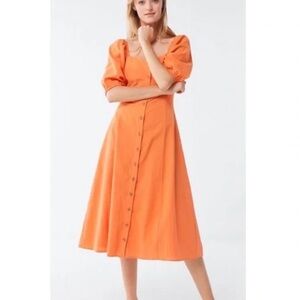 Urban Outfitters Maria Puff Sleeve Button-Front Midi Dress Orange Sundress Small